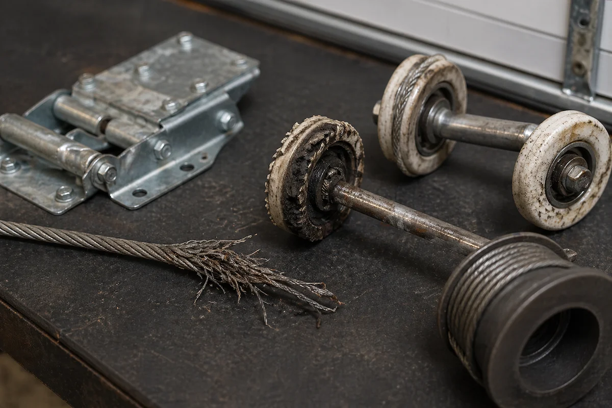Frayed garage door cable and worn rollers removed during repair