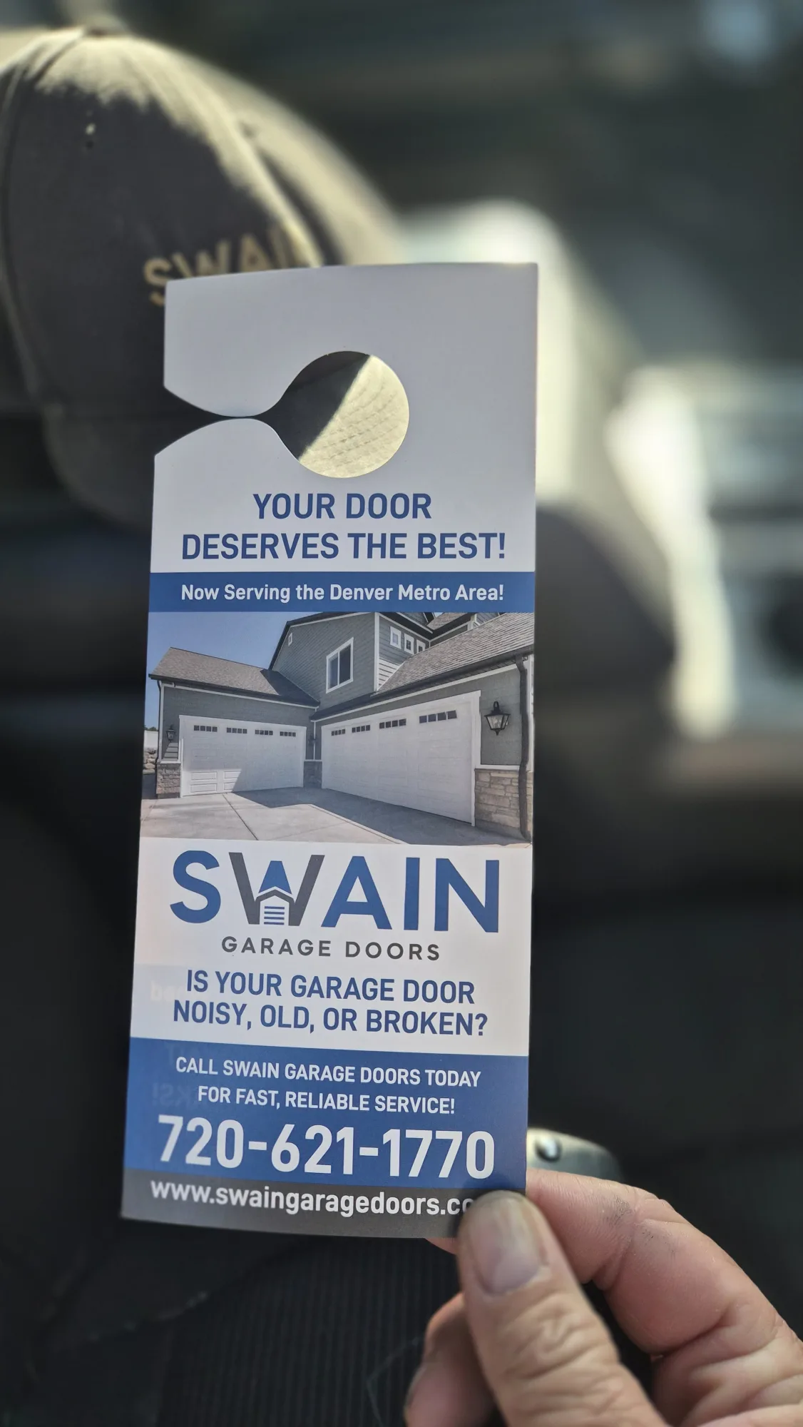 Swain Garage Doors door hanger — neighborhood marketing in Thornton CO