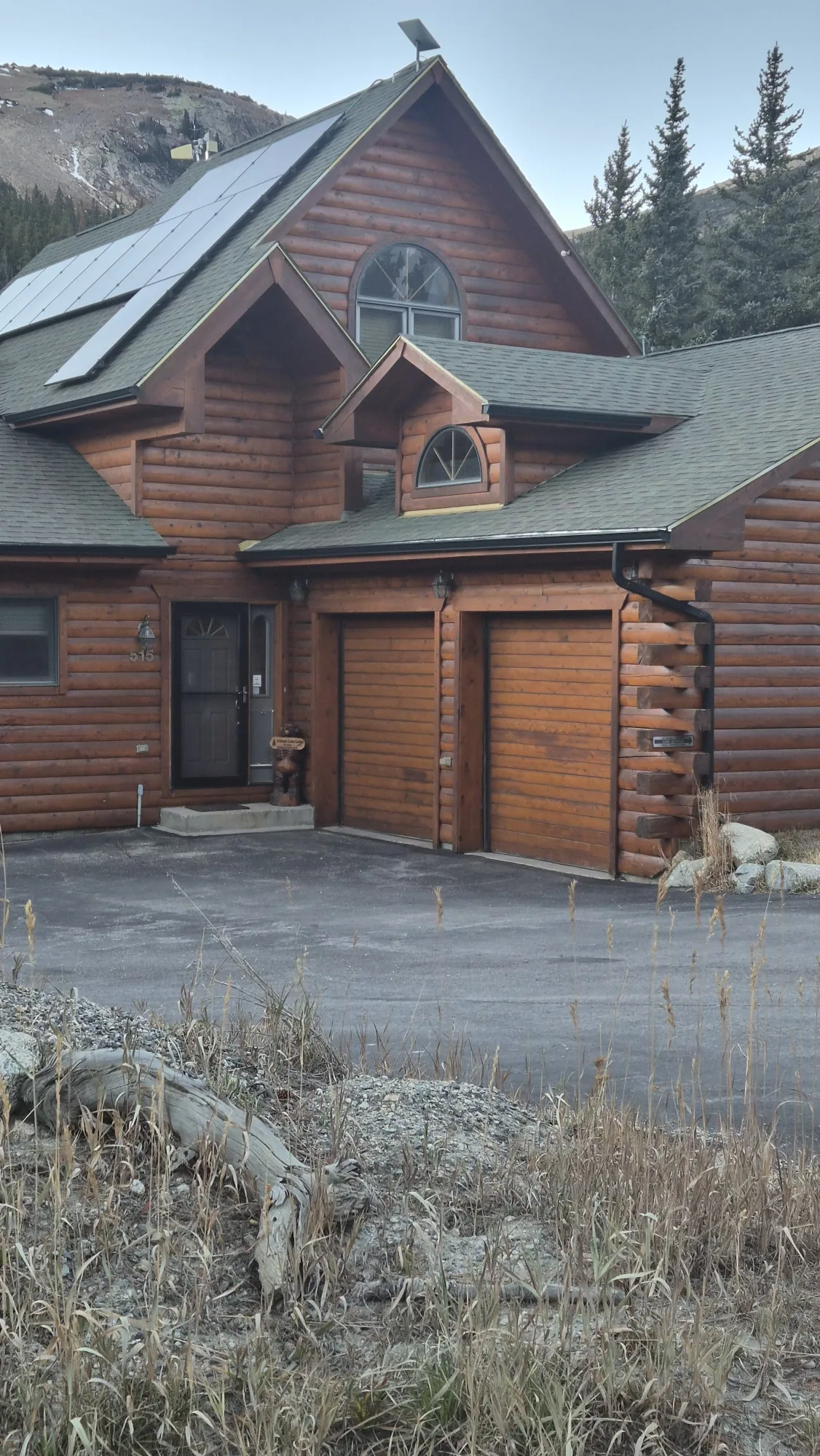 Wood garage door on log home