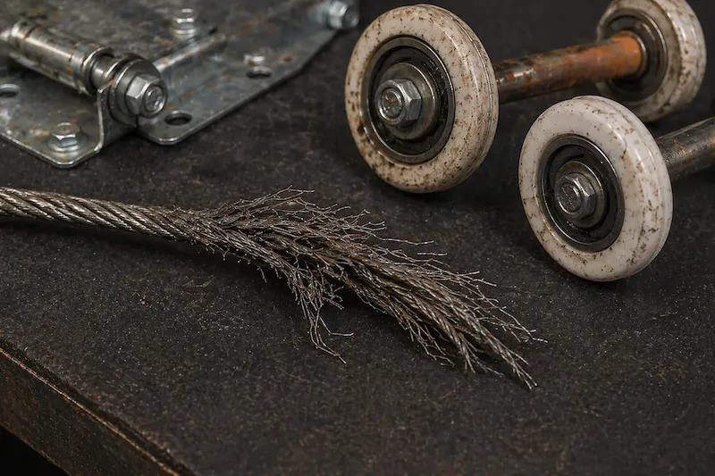 Frayed garage door cable and worn rollers in Commerce City garage