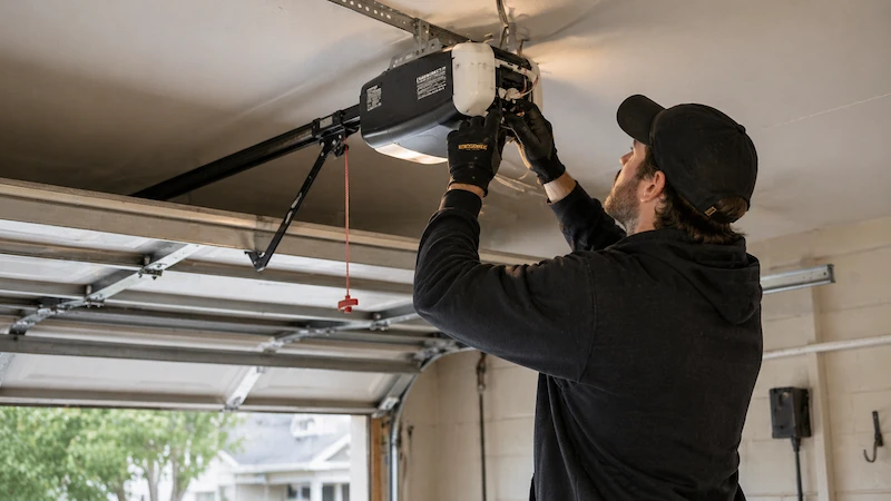 Technician adjusting garage door opener in Arvada garage