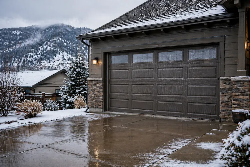 Garage door exposed to winter weather in Arvada foothills